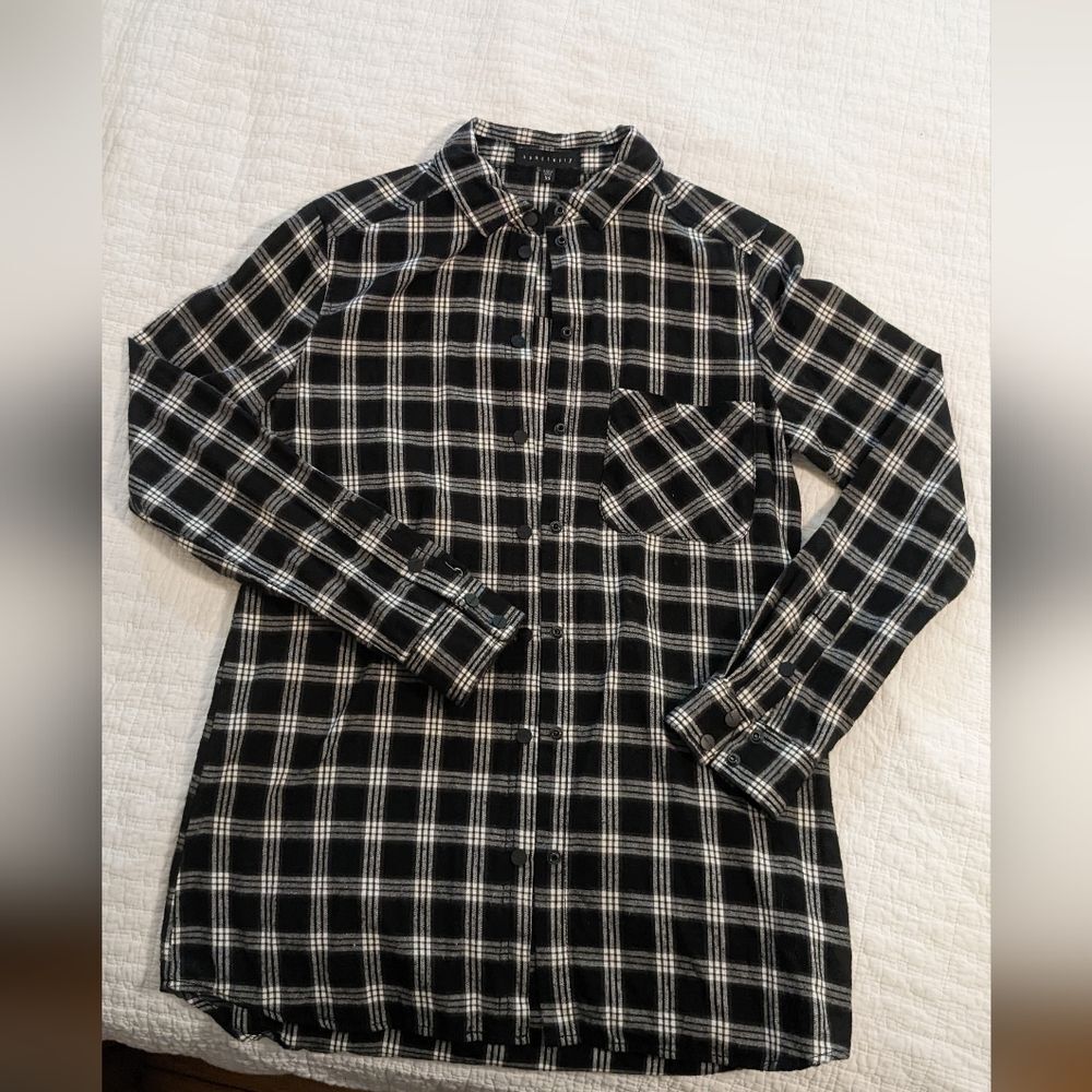 Sanctuary Flannel Snap Closure Shirt Black and White Plaid Long Sleeve Shirt XS